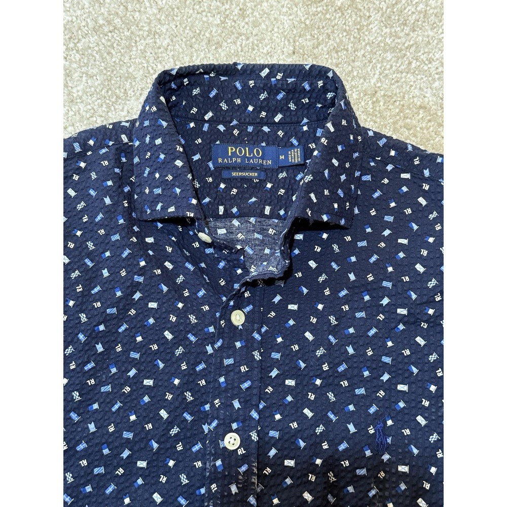 Polo Ralph Lauren Shirt Mens Medium Navy Seersucker Nautical Flags Short Sleeve